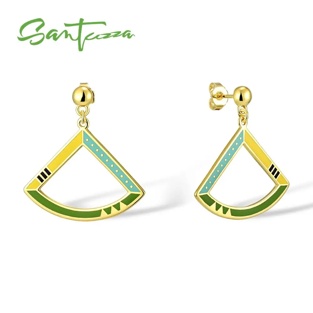 

SANTUZZA Earrings for Women Yellow Gold Color Fan Shape Earrings Green Enamel HANDMADE Earrings For Women Party Fashion Jewelry