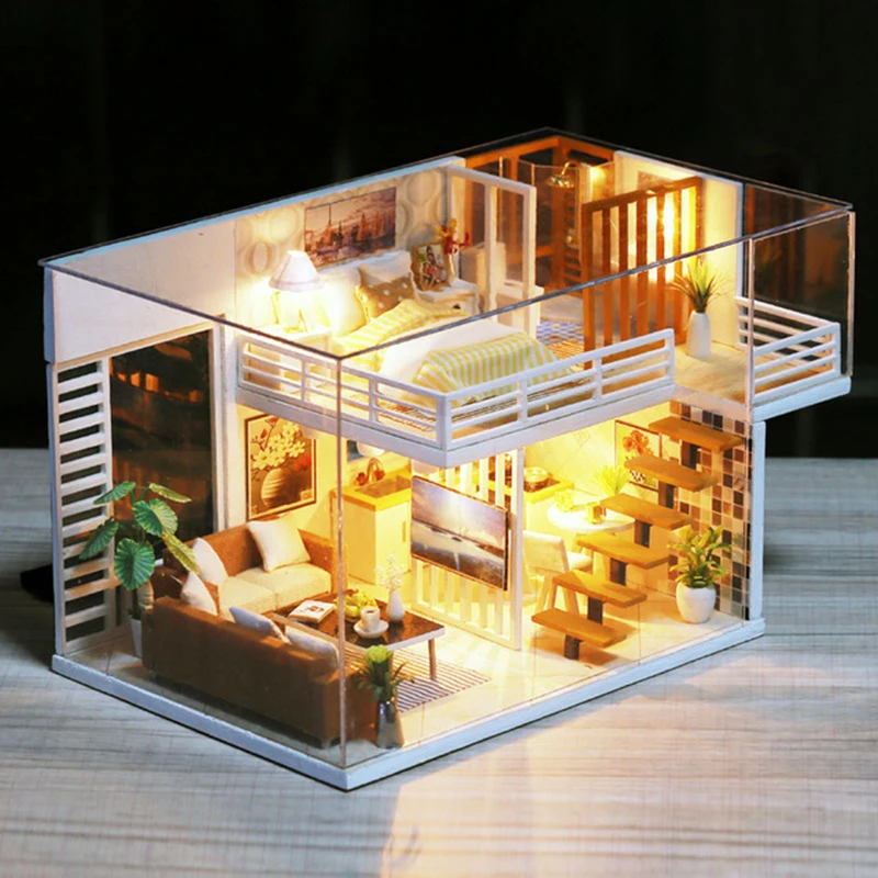 

Doll House With Dust Cover LED Miniature Wooden Furniture Building Dollhouse Toys For Houses Birthday Gift BLUE SEA K031