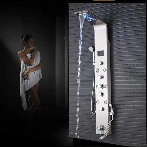 

LED 6 Functions Nickel Brushed Shower Panel Column Waterfall Shower Panel Wall Mounted Bathroom