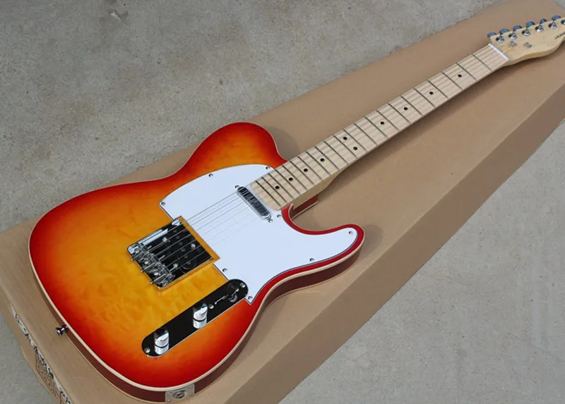 

Factory Custom Cherry Sunburst Color Electric Guitar with Cloud Pattern Veneer,White Pickguard,Offer Customized
