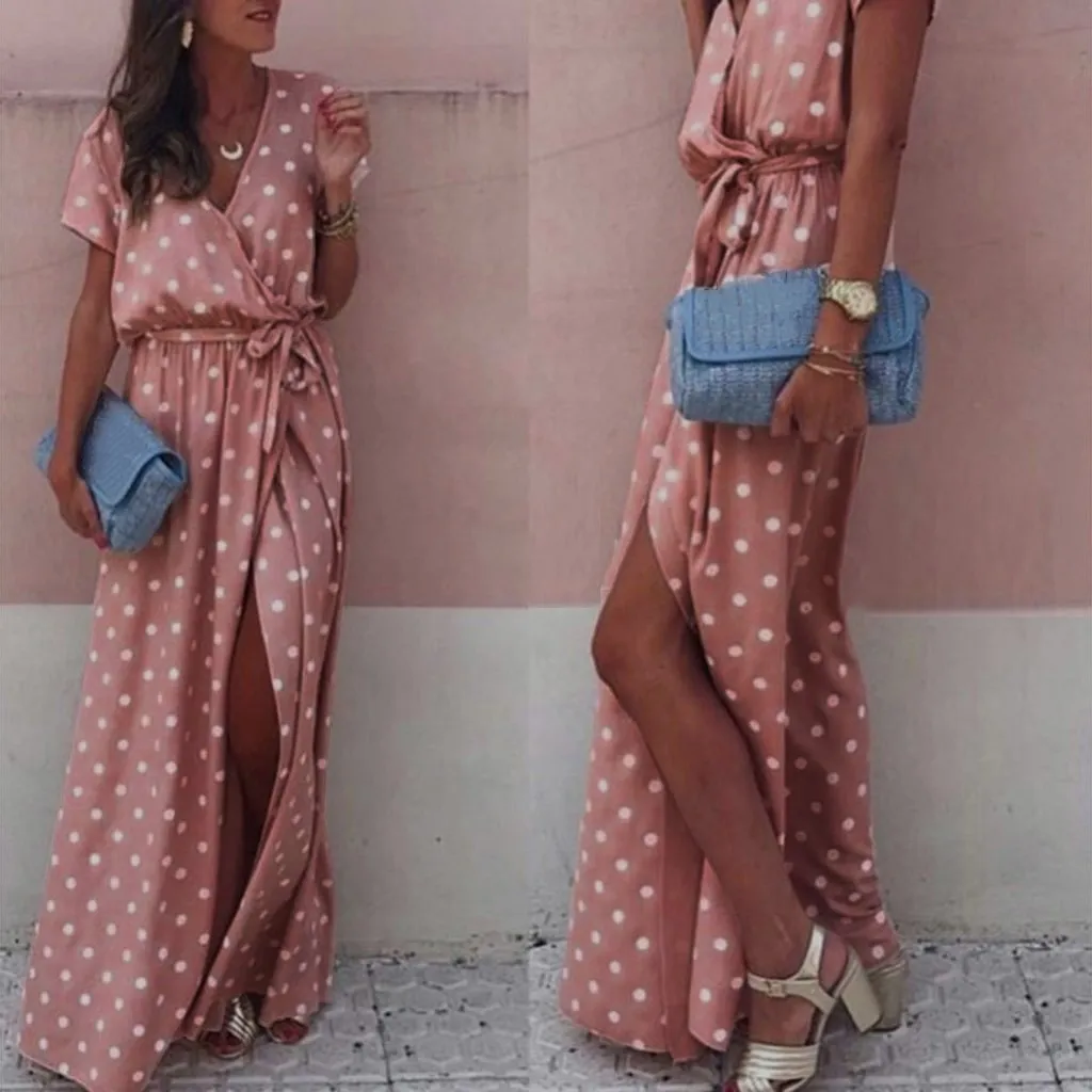 

Women Sexy Dot V-Neck Maxi Dress Female Boho Beach Long Dress Ladies Sexy Split Dress Vestido