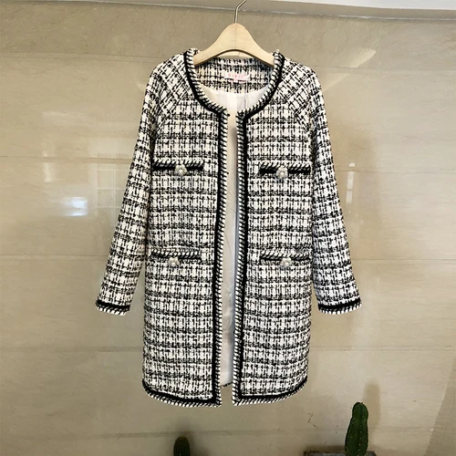 red Manteau Style Black Femmes Dames Petit Manches Perles Automne 2018 Bouton Plaid Parfumé Hiver Pardessus Veste Piste Long Tweed Longues xqXUnHgwv