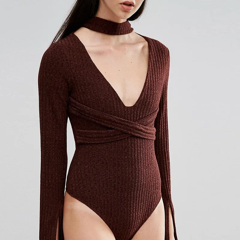 HDY Haoduoyi Western Style Simple Wind Solid Color Red Wine Sexy Deep V-neck Hanging Neck Waist Cross Cuff Open Women Jumpsuit