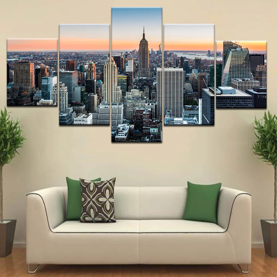 New York City Landscape Night Scene Modern Canvas Wall Art 5 Panel HD