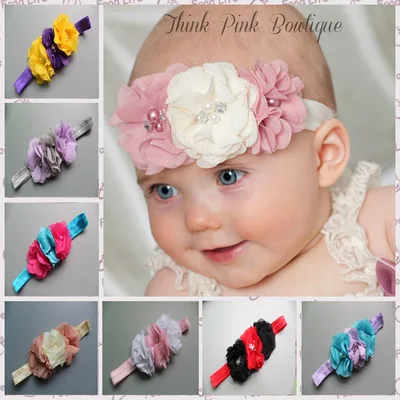 Free Shipping 3 Chiffon Pearl Flowers Headbands Girls Hair Accessory newborn girl Bands 10Pcs/lot | Детская одежда и обувь