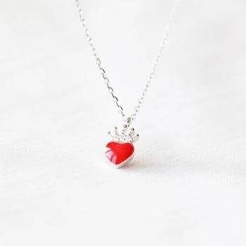 

XIYANIKE S925 Sterling Silver Cute Red Heart Pendant Inlaid Rhinestone Crown Clavicle Chain Simple For Women Necklaces VNS8462