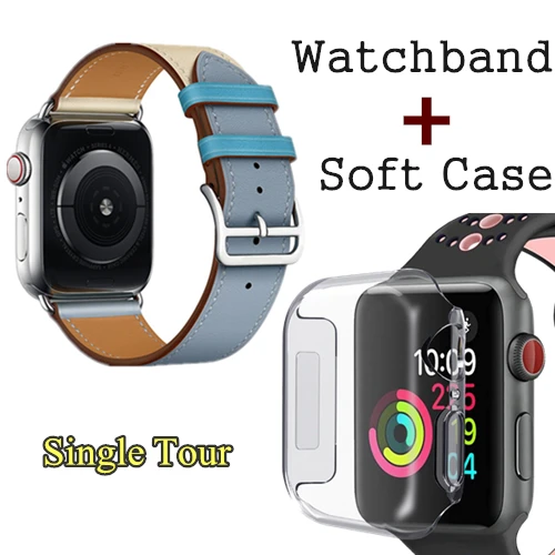Ремешок с логотипом HERM на пряжке для Apple Watch 5, 4, 3, 2, Свифт, кожаный двойной тур, 44 мм, 40 мм, 42 мм, 38 мм, ремешок, кожаная Петля для iWatch 5, 4 - Цвет ремешка: Bleu Lin Craie Bleu