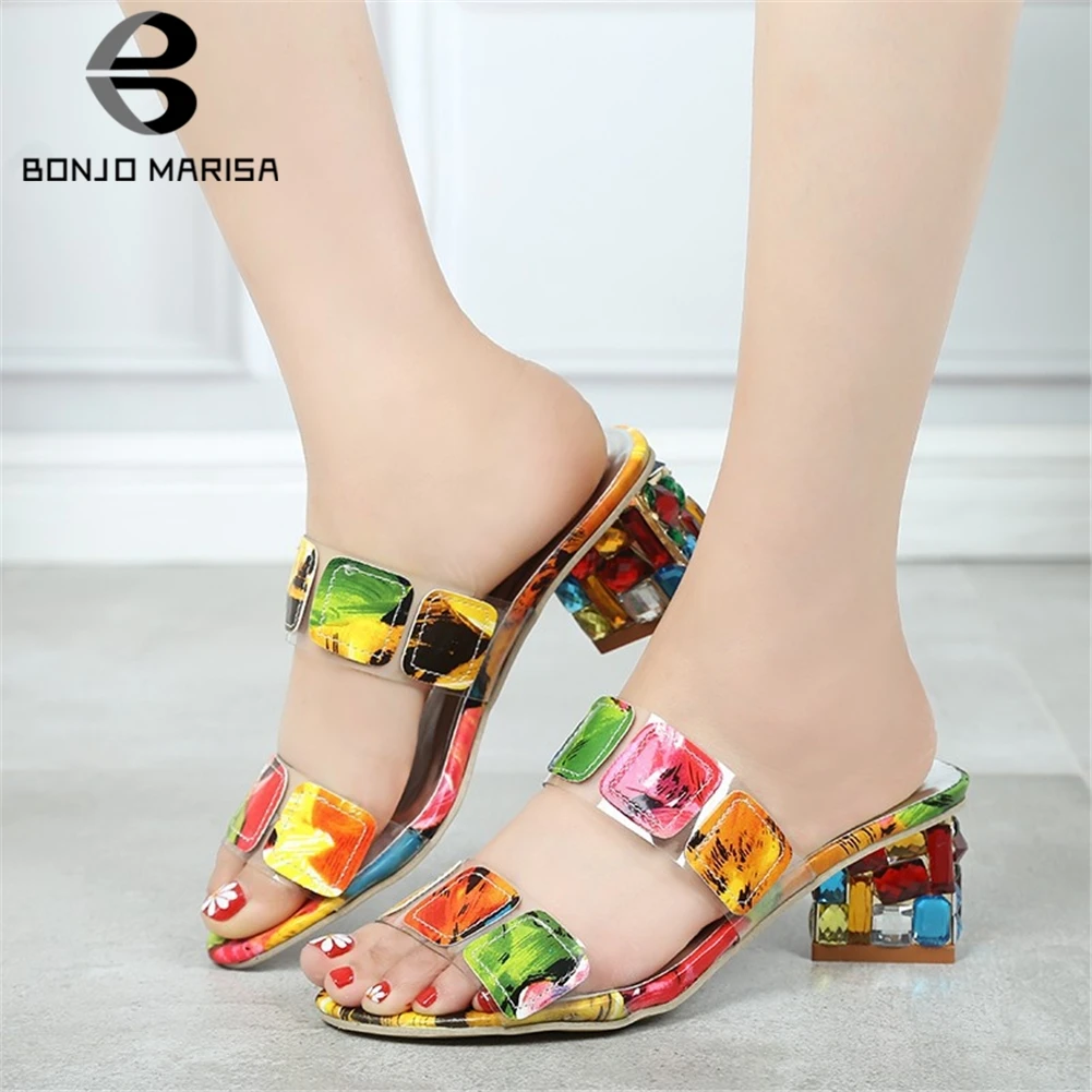 

BONJOMARISA New Hot Sale Dropship Colored Mules Women 2019 Summer Crystal High Heels Slippers Large Size 35-41 Women Shoes Woman