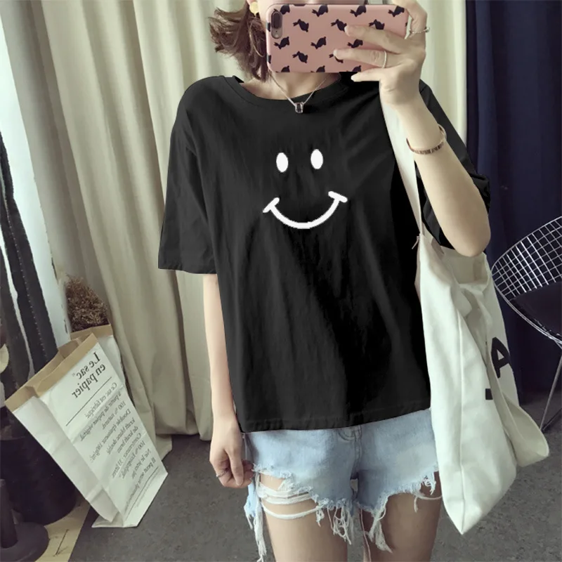 2019 summer new Smiley print women T-shirt short-sleeved women's clothing loose Top kawaii  Casual  O-Neck