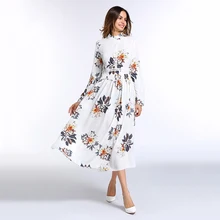 

Spring Women Floral Prints Dress Full Sleeves Mock Neck Casual Swing Pleated Lace Inset Peplum A-Line Maxi Dress
