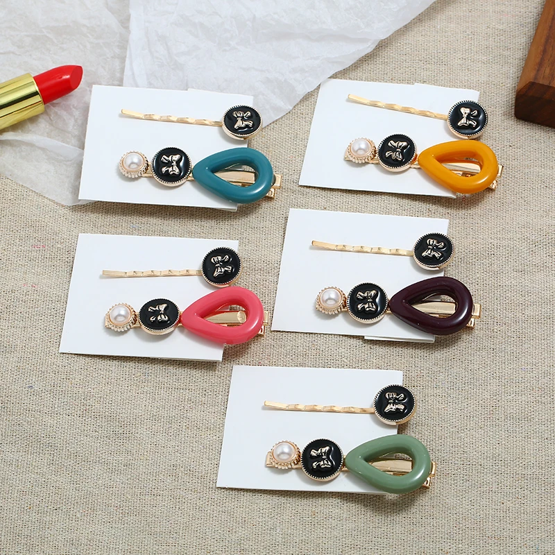 

Bohopan 2PCS/Set Water Drop Hair Clips Set Trendy Bow Tie Hair Pins For Women High Quality Female Pearl Headwear Jewelry Trend