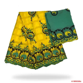 

yellow Swiss Lace Cotton Fabric With Flower Pattern African Swiss Voile Lace with green tulle fabric for dress C190306-2