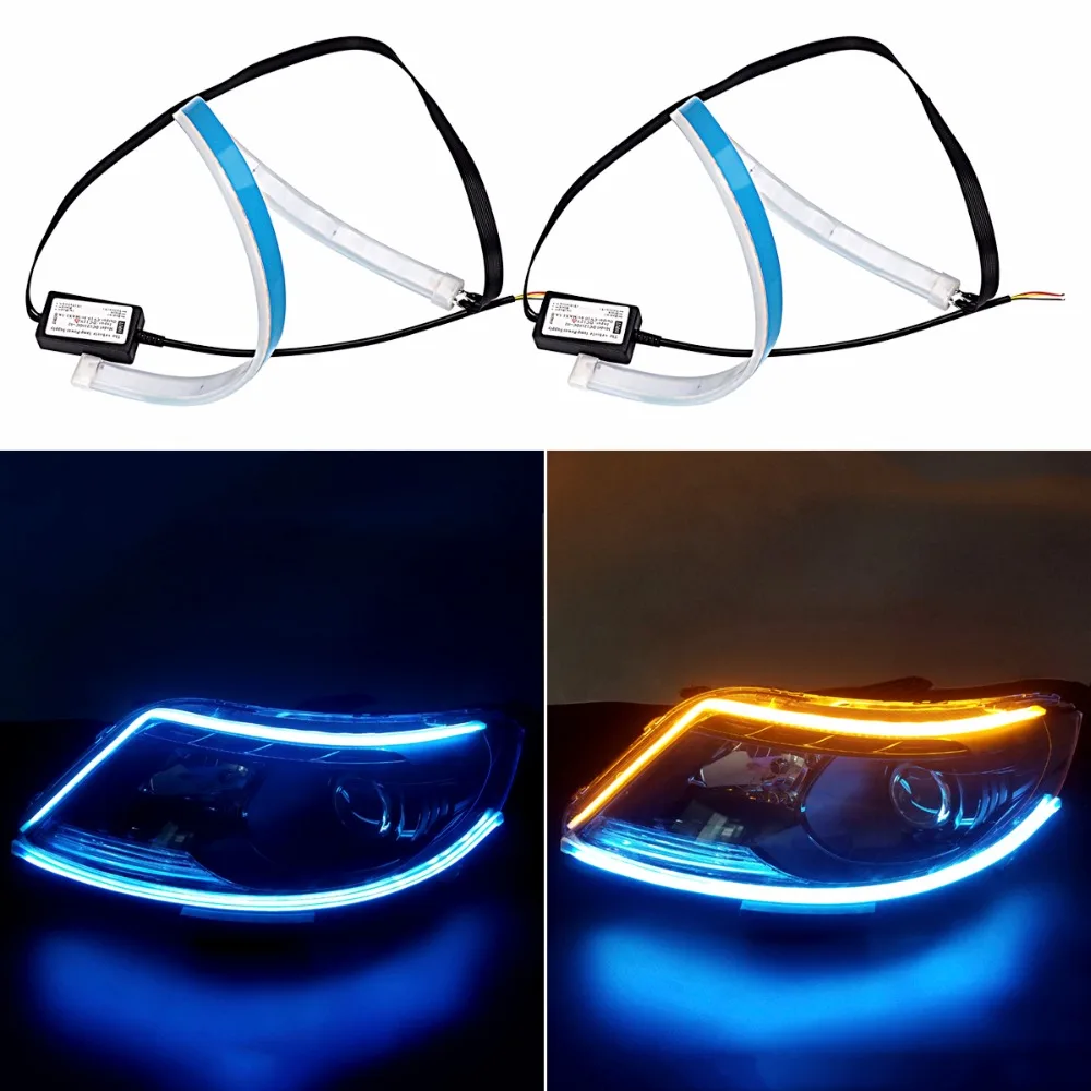 2PCS Thin Yellow Flowing Ice Blue LED Daytime Running Lights DRL Strip Dynamic Turn Signal Flexible Soft Strip Light Car Tuning 2PCS Thin Yellow Flowing Ice Blue LED Daytime Running Lights DRL Strip Dynamic Turn Signal Flexible Soft Strip Light Car Tuning