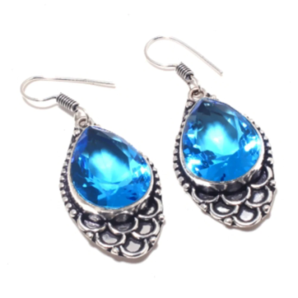 Blu Topas, Argento Overlay Su Orecchini Di Rame, 51 Mm , E3747