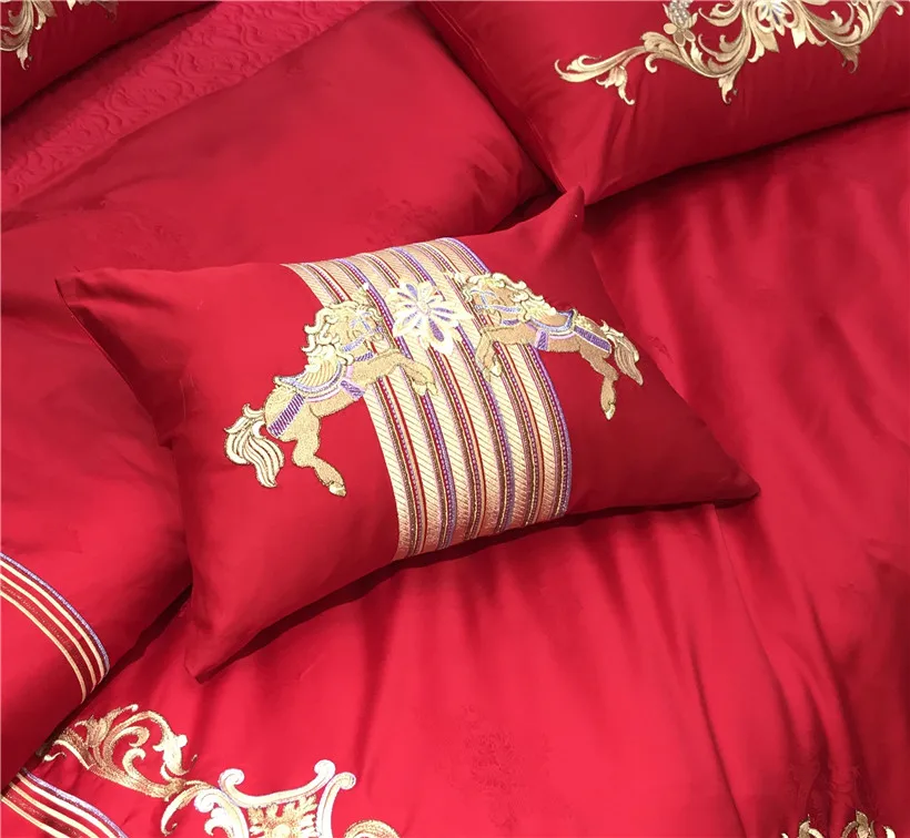Waliicorners Egyptian Cotton Luxury Embroidery Red Wedding Bedding set Duvet cover Bed Sheets,Silky Ultra soft Queen King size 4/6/9- 18 IMG_8782