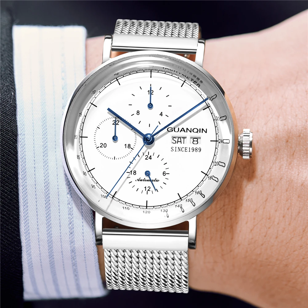 GUANQIN الميكانيكية ووتش الرجال الفاخرة ساعة أعلى العلامة التجارية شبكة من الاستانلس استيل حزام للماء التلقائي ووتش الرجال Erkek كول الساعاتي