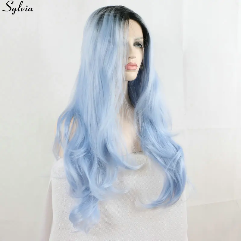 Sylvia натуральных волос синий парик Омбре, с темными корнями Two Tone Для женщин Косплэй синтетический Синтетические волосы на кружеве парики для вечерние объемная волна длинные волосы