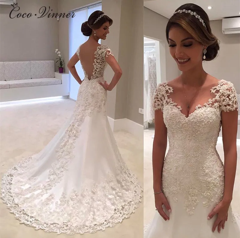 

C.V Vintage White Backless Lace Mermaid Wedding Dresses 2019 V-Neck Short Sleeve Bride Wedding Dress Robe de mariage W0200-B