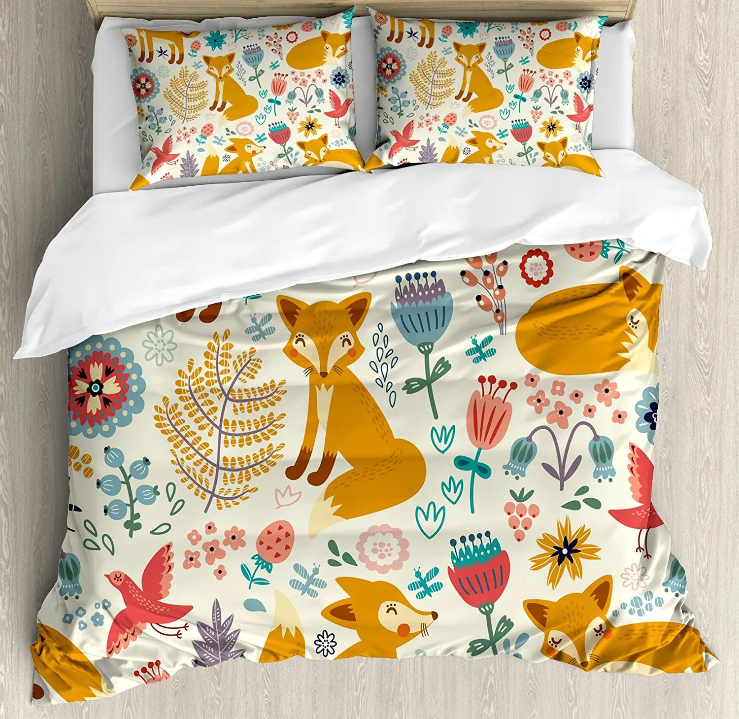 

Fox Duvet Cover Set Natural Wildlife Composition with Cute Foxes Ornate Flowers Flying Birds Kids Nursery Bedding Set Multicolor