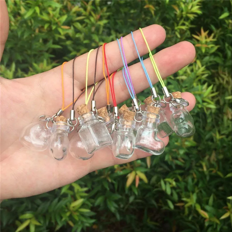 Mixed 10 Shape Mini Glass Bottles Key Chain Pendants Small Wishing Bottles With Cork Vial Arts Jars For Bracelets Gifts