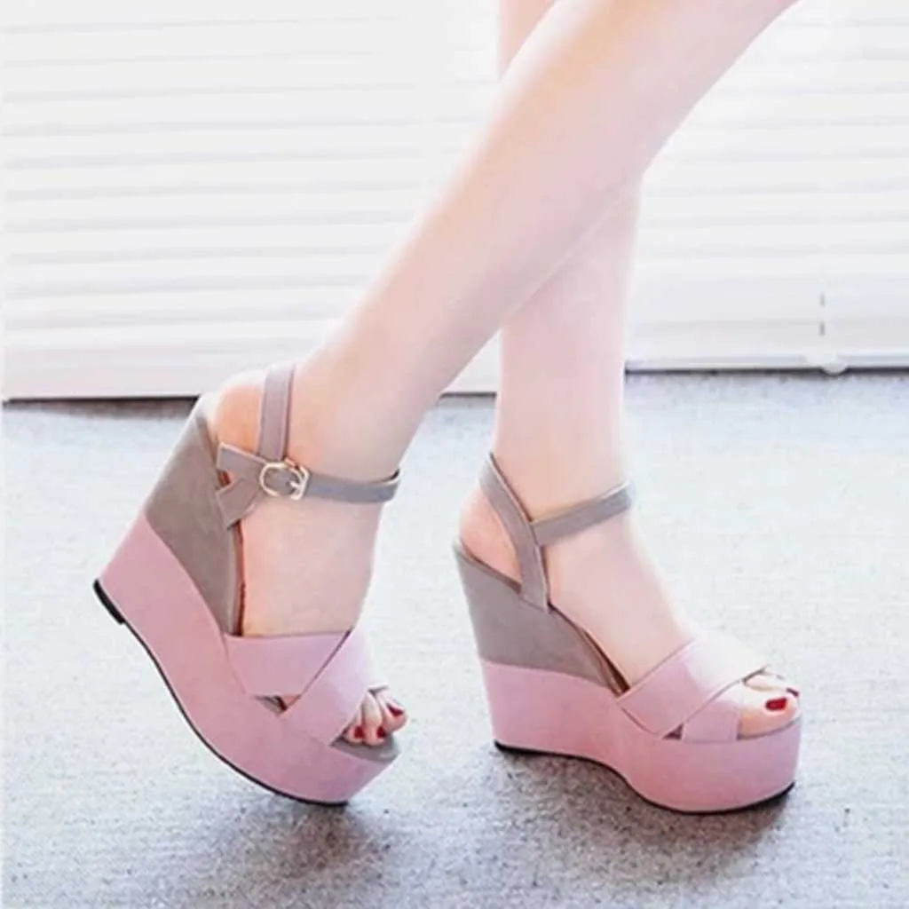 

Sexy Women Suede High Heel Sandals Fashion Ladies Mixed Colors Buckle Peep Toe Wedges Casual Loafers Sandals Shoes Wedges Heel