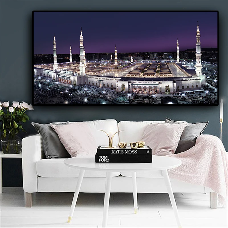 Ислам здание Ночной пейзаж холст живопись Мекка ислам ic мусульманская мечеть плакаты и принты Куадрос настенные картины для гостиной
