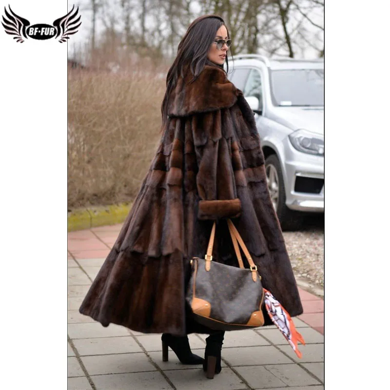 BFFUR, зимние женские пальто,, натуральный мех, пальто для женщин, настоящая норковая шуба размера плюс, Полный Пелт, отложной воротник, модная длинная юбка