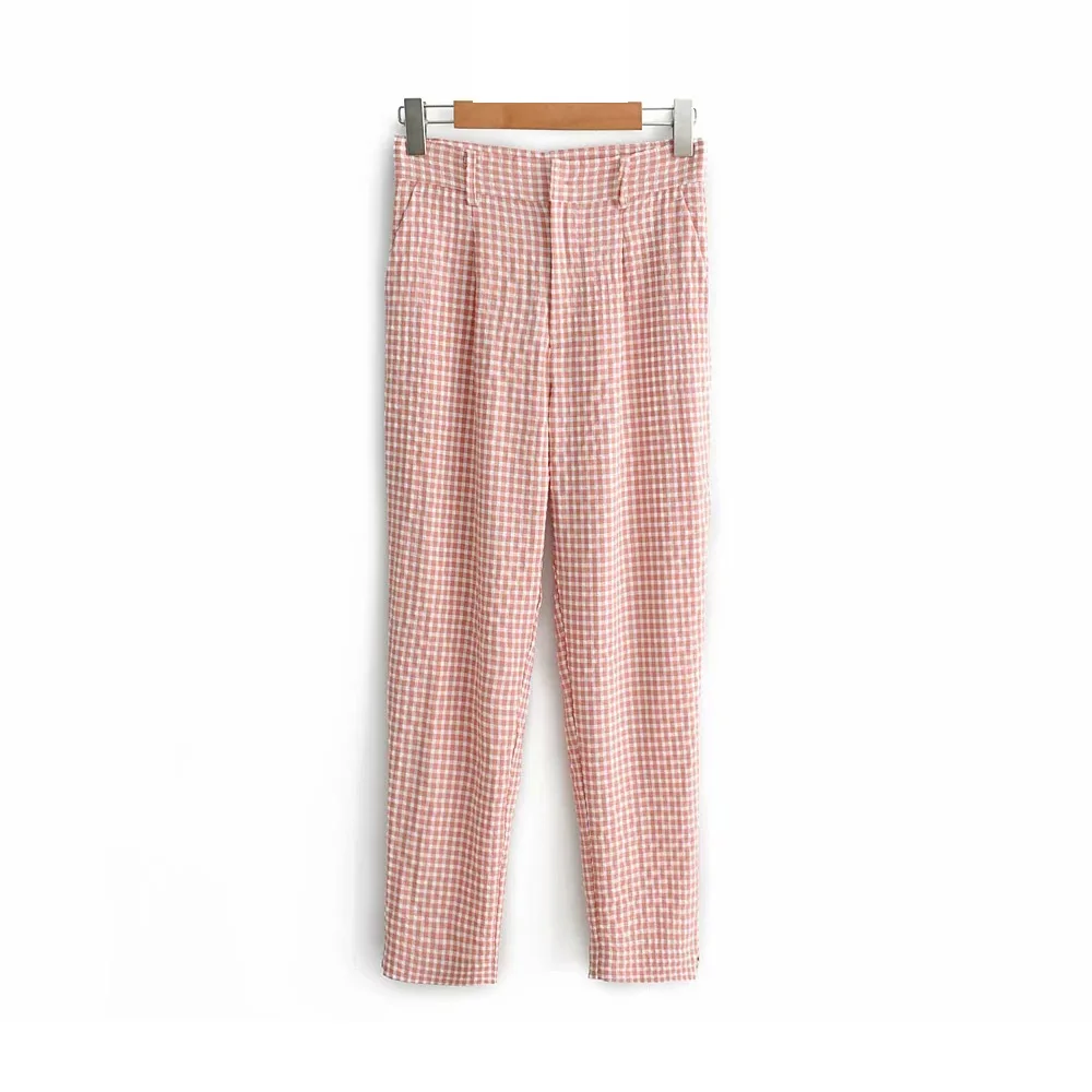 Klacwaya/Модные женские розовые клетчатые длинные брюки,, для офиса, элегантные прямые брюки для девушек, уличная одежда, облегающие брюки, femme - Цвет: pink