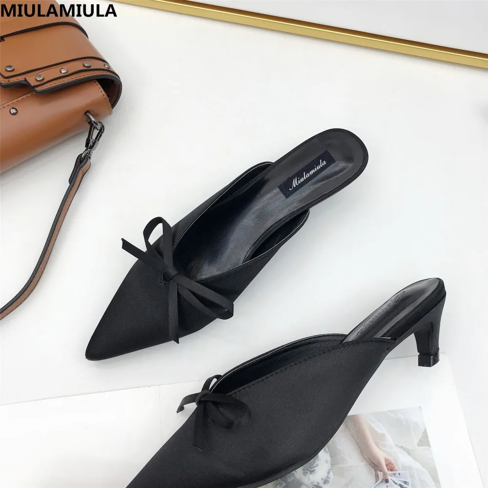 

MIULAMIULA Brand Designers 2019 Spring Elegant Butterfly-knot Woman Pointed Shoe Med Thin Heels Pumps Slip On Mules Silk Loafers