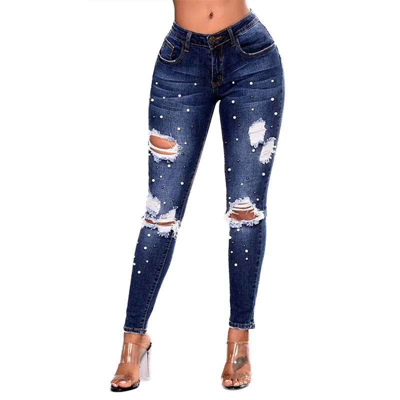 Alta elástico de algodón mujeres jeans bordados flares ripped denim  Pantalones moda todo partido paquete hip pantalones blanqueados  HM1108|womens cotton jeans|jeans embroideredripped denim pants - AliExpress
