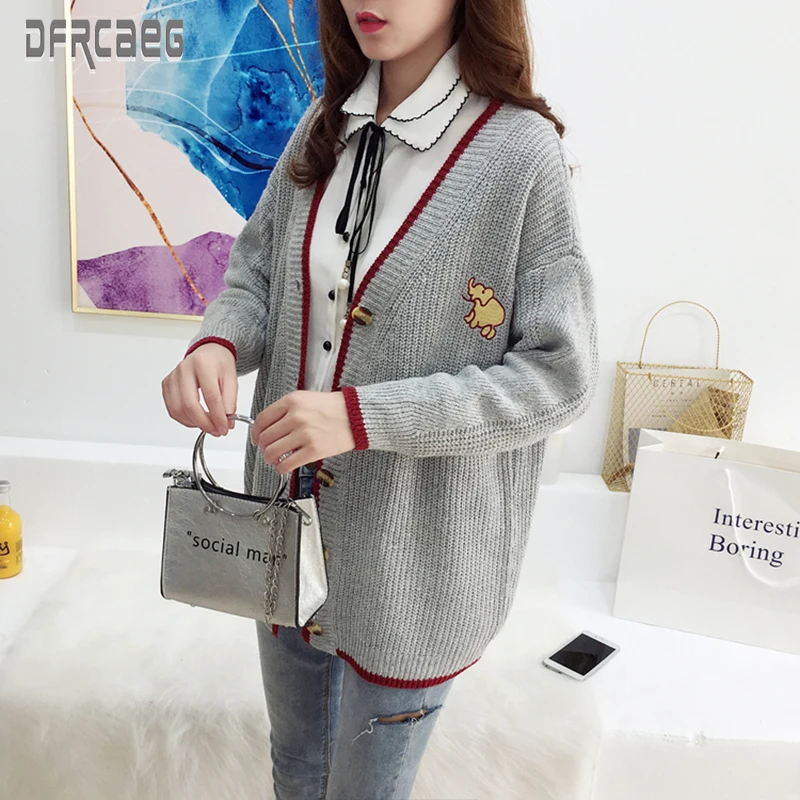 

2019 Autumn Winter Cardigans Long woolen sweaters Women's Cotton Single Breasted Female Sweaters Coat Gray Casual V-Neck Sweater