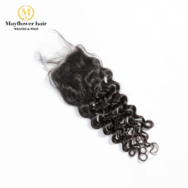 

Mayflower 4X4" Lace closure 100% Virgin hair Italian curl with baby hair hand made Middle brown lace color three kinds of part