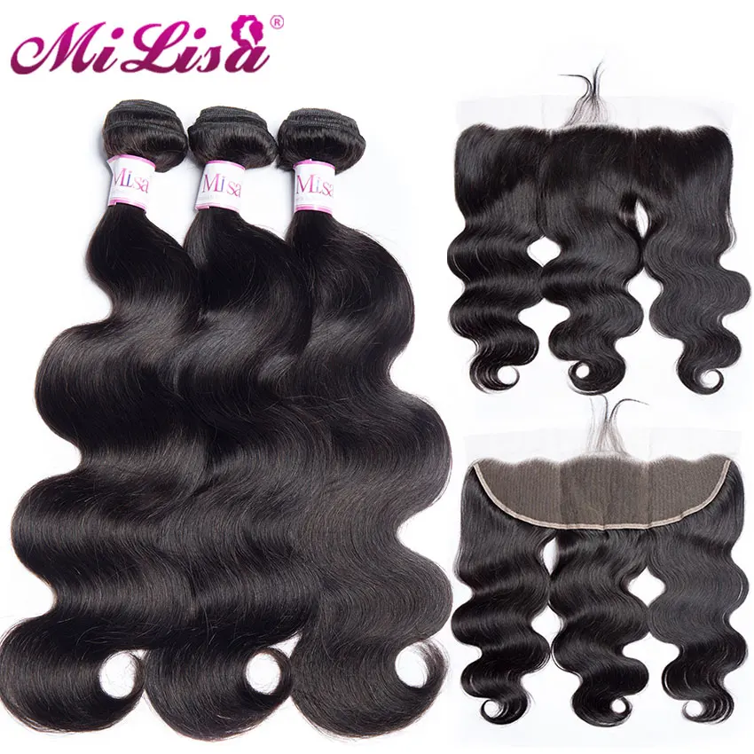 

Lace Frontal Closure With Bundles Body Wave Brazilian Hair Weave Bundle 4 Pcs Non Remy Mi Lisa Human Hair 3 Bundles With Frontal