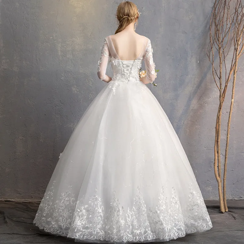 Noble Long Sleeves Wedding Dresses Lace 2019 Elegant Ball Gown Beading Pearls Flowers Vestidos de Novia Floor Length (3)