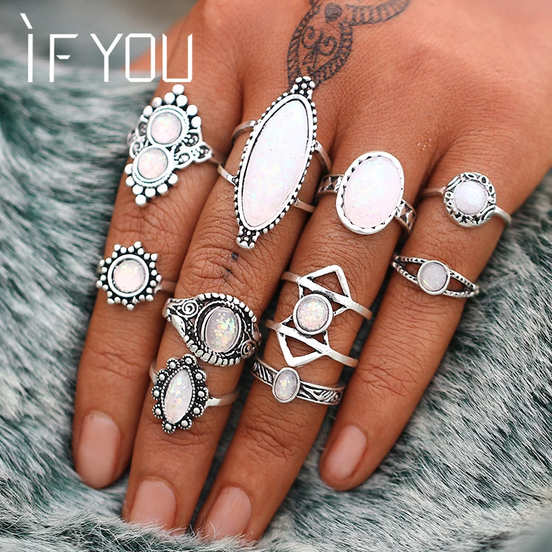 IF YOU Vintage Stone Opal Rings Set Bohemian Geometric Antique Silver Color Knuckle Shield Rings For Women Jewelry