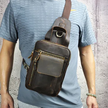 

Men's Crazy Horse Leather Sling Chest Back Bag Brand New Men Vintage Genuine Leather Travel Handbag Messenger Shoulder Pack