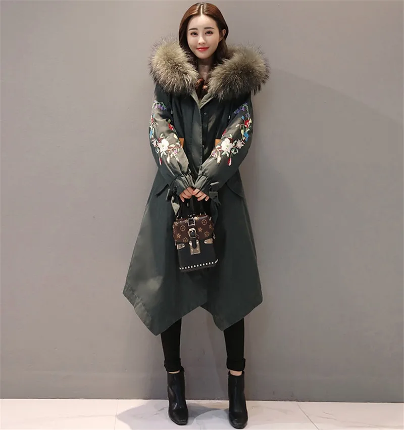 Пуховое хлопковое Женское пальто, Корейская длинная новая зимняя приталенная хлопковая куртка, Женское пальто с капюшоном и меховым воротником, куртки, A933