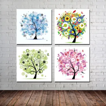 

2017 Painting Unframed 4 Panel Colorful Tree Canvas Prints Oil Painting Wall Art Picture Home Decor For Wedding Room