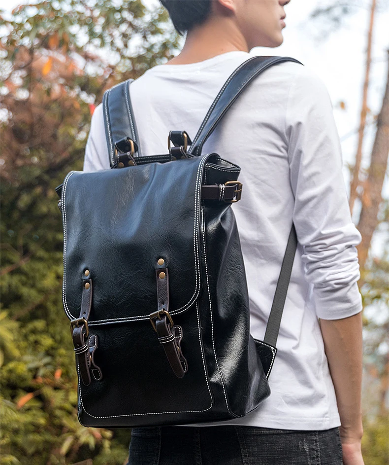 Роскошный брендовый Винтажный Мужской рюкзак для подростков, школьные сумки, мужские рюкзаки большой емкости для ноутбука, кожаные черные корейские дорожные сумки