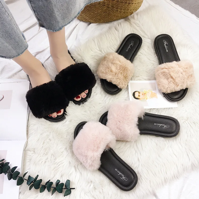 

2018 New Hot Women Slippers Fashion Spring Summer Autumn Plush Slippers Women Faux Fur Slides Flip Flops Flat Shoes