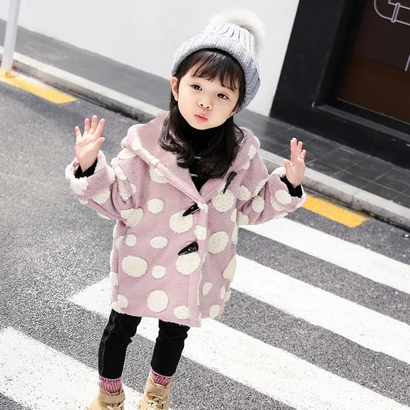 Повседневное шерстяное пальто с капюшоном для мальчиков и девочек от 2 до 8 лет, зимнее пальто средней длины в Корейском стиле, Толстая теплая модная куртка в горошек