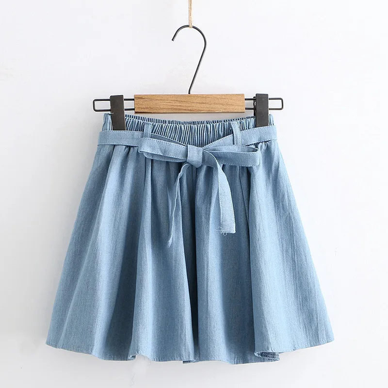 

summer Small fresh new Casual Solid color Simple Wild Loose cowboy Pleated skirt Short skirt woman