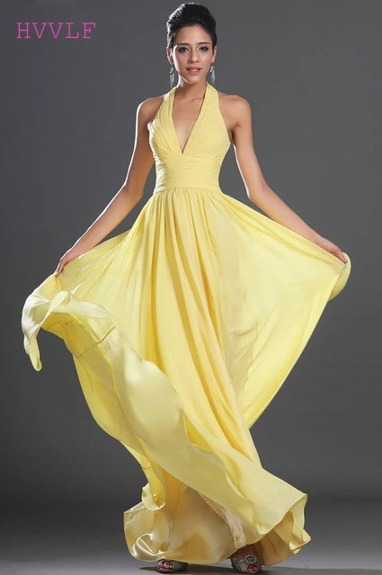 

Yellow Evening Dresses 2019 A-line Halter Chiffon Floor Length Backless Plus Size Long Evening Gown Prom Dresses Robe De Soiree