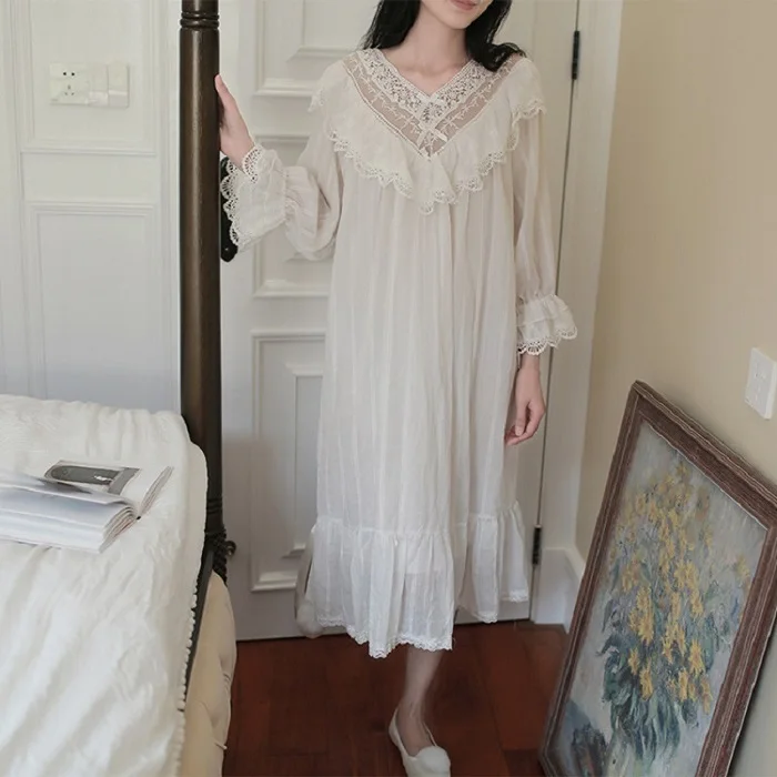 Белый хлопок Emoidered Для женщин длинные ночные рубашки с длинным рукавом Кружева пижамы Элегантный женский Винтаж Ночное платье Домашняя