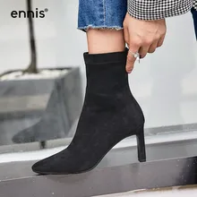 ENNIS/ г., новые осенние замшевые ботильоны из флока для женщин, ботинки на высоком каблуке растягивающиеся ботинки с острым носком модная обувь черного и серого цвета, A853