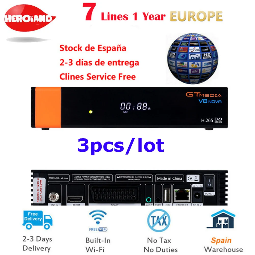 

3PCS GT Media V8 Nova DVB-S2 Freesat Satellite Receiver V8 Super Version H.265 WIFI+1Year Europe Cline Spain PT DE PO TV decoder