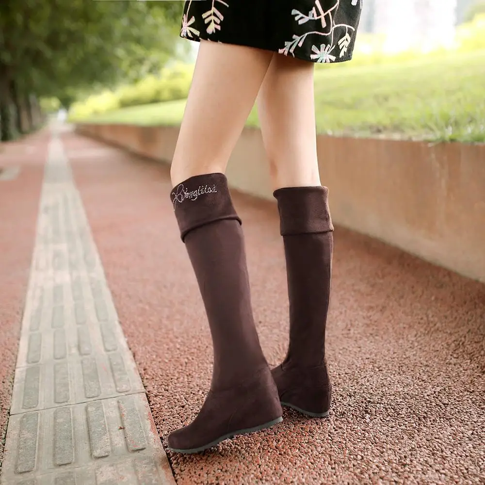 

2015 winter New Rhinestone Knee Boots Women Knee Boots Slip-On Round Toe Heighte Increasing Knee shoes boots big size 34-47 R780