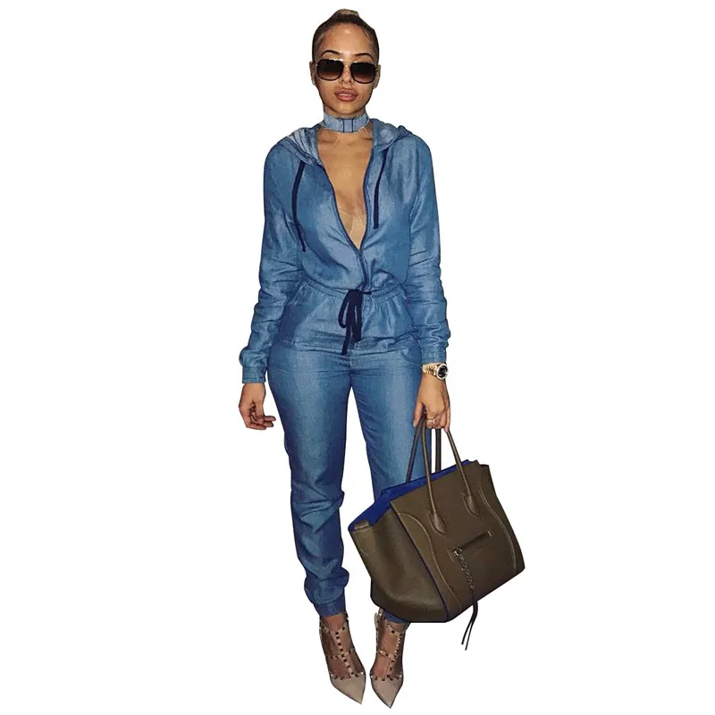 

2019 Spring Vintage Jeans Jumpsuit Turn Down Collar Long Sleeve Bandage Denim Rompers Women Hoodies Bodysuits Combinaison Femme