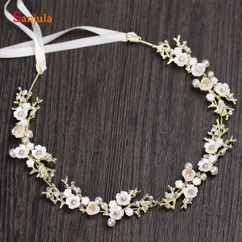 

Gold Branches Headbands With Small Flowers Crystal Pearls Bridal Hair Chain Evening Hair Sash Accessories T018