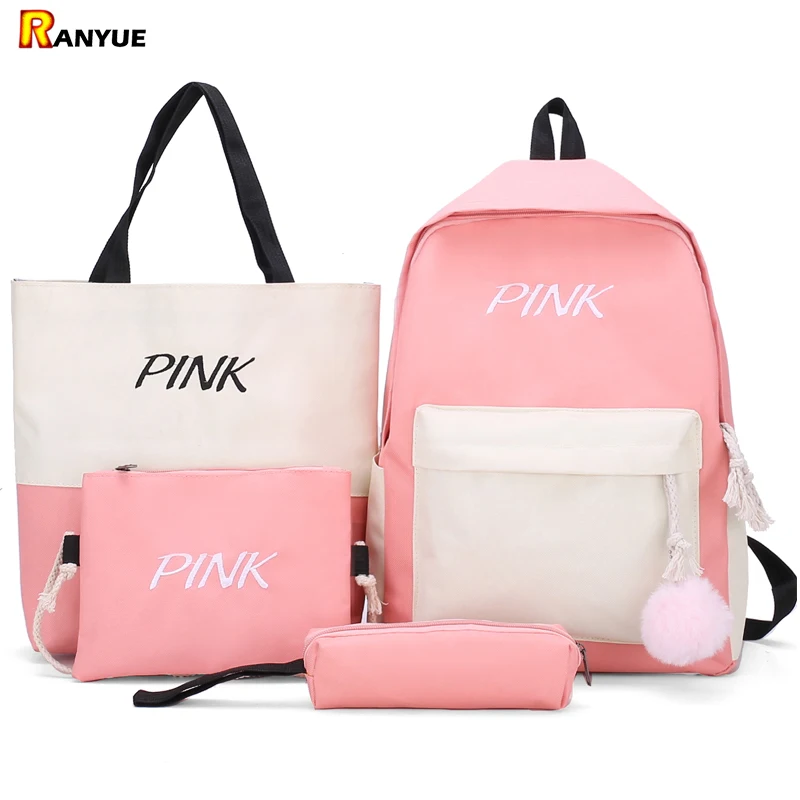 pink letter embroidery patchwork backpack womens backpack canvas bag shoulder school bags for girls ladies backpack purse set
